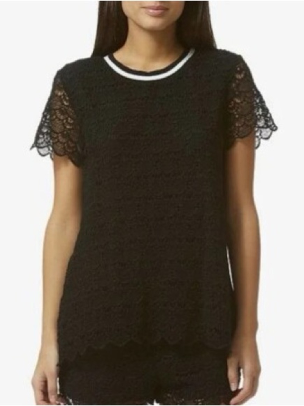 Avec Les Filles Black Lace Short-Sleeve Top with White Trim